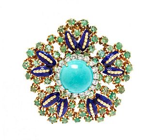 A Yellow Gold, Turquoise and Multigem Pendant, 25.10 dwts.
