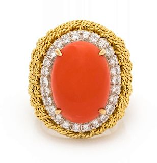 A Yellow Gold, Coral and Diamond Ring, 14.40 dwts.