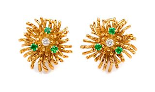 A Pair of 18 Karat Yellow Gold, Emerald and Diamond Earclips, Tiffany & Co., 6.80 dwts.