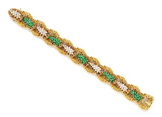 An 18 Karat Yellow Gold, Diamond and Emerald Bracelet, 61.00 dwts.