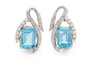 A Pair of Platinum, Aquamarine and Diamond Earclips, 7.10 dwts.