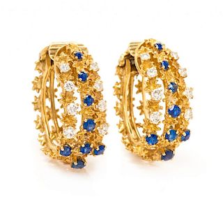A Pair of Yellow Gold, Diamond and Sapphire Hoop Earclips, 14.70 dwts.