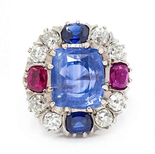 A White Gold, Sapphire, Ruby and Diamond Ring, 7.50 dwts.