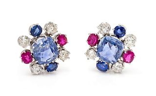 A Pair of White Gold, Sapphire, Ruby and Diamond Earclips, 7.90 dwts.