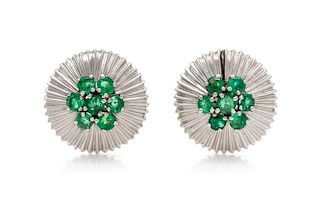A Pair of Platinum and Emerald Earclips, Raymond Yard, 6.00 dwts.