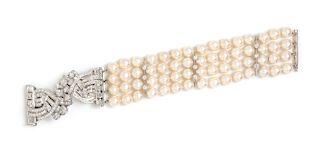 A Pair of Platinum and Diamond Dress Clips with Detachable White Gold, Cultured Pearl and Diamond Bracelet,