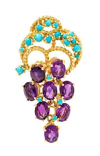 An 18 Karat Yellow Gold, Amethyst and Turquoise Articulated Brooch, 12.30 dwts.