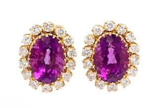 A Pair of 18 Karat Yellow Gold, Amethyst and Diamond Earclips, 8.20 dwts.