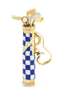 A Yellow Gold, Polychrome Enamel and Seed Pearl Golf Bag Brooch, Cartier, 1.80 dwts.