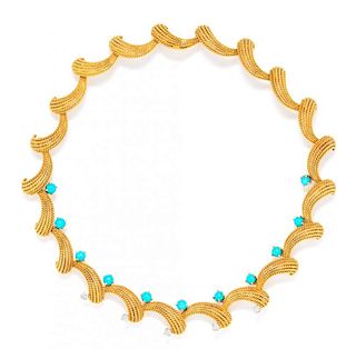 An 18 Karat Yellow Gold, Turquoise and Diamond Necklace, Bailey Banks & Biddle, 44.10 dwts.