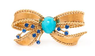 A Yellow Gold, Turquoise, and Sapphire Bow Brooch, 10.70 dwts.
