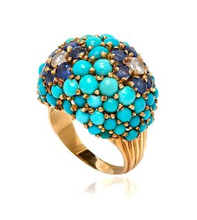 An 18 Karat Yellow Gold, Turquoise, Sapphire and Diamond Bombe Ring, 9.00 dwts.