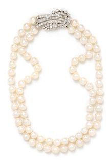 A Pair of Platinum and Diamond Dress Brooches/Clasps and a Detachable Double Strand Cultured Pearl Necklace, 15.10 dwts.