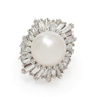 A Platinum, Cultured Pearl and Diamond Ring, 10.55 dwts.
