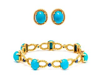 A Yellow Gold, Turquoise and Sapphire Demi Parure, 19.10 dwts.