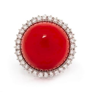 A White Gold, Coral and Diamond Ring, 9.30 dwts.