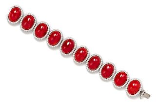 A White Gold, Coral and Diamond Bracelet, 47.30 dwts.
