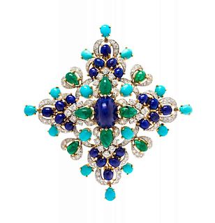 An 18 Karat Bicolor Gold, Lapis Lazuli, Diamond, Turquoise and Emerald Brooch, 25.00 dwts.