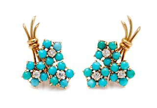 A Pair of 18 Karat Yellow Gold, Turquoise and Diamond Earclips, Van Cleef & Arpels, 7.20 dwts.