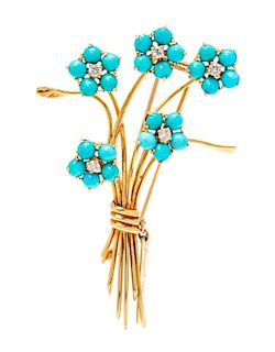 An 18 Karat Yellow Gold, Turquoise and Diamond Brooch, Van Cleef & Arpels, 10.60 dwts