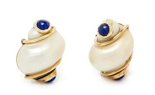 A Pair of Yellow Gold, Shell and Lapis Lazuli Earclips, Seaman Schepps, 13.90 dwts.