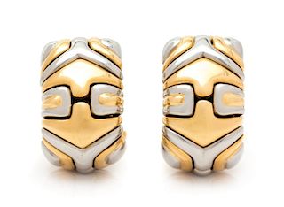 A Pair of 18 Karat Yellow Gold and Stainless Steel "Alveare" Earclips, Bvlgari, 18.10 dwts.