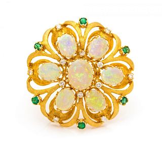 A Yellow Gold, Opal, Diamond, and Emerald Pendant/Brooch, Jack Gutschneider, 11.70 dwts.