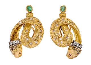 A Pair of 18 Karat Yellow Gold, Diamond, Emerald and Ruby Earclips, 19.00 dwts.