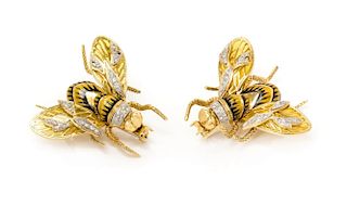 A Pair of 18 Karat Yellow Gold, Diamond and Plique-a-Jour Enamel Bee Brooches, Corletto, Italy, 25.30 dwts.