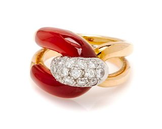 An 18 Karat Bicolor Gold, Carnelian and Diamond Ring, 7.30 dwts.