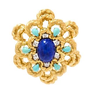An 18 Karat Yellow Gold, Lapis Lazuli, Diamond and Turquoise Pendant/Brooch, 42.30 dwts.