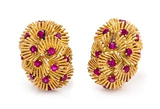A Pair of 18 Karat Yellow Gold and Ruby "Cheveux d'Ang" Earclips, Van Cleef & Arpels, Paris, 15.90 dwts.