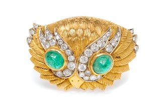 An 18 Karat Yellow Gold, Diamond and Emerald Owl Brooch, Tiffany & Co., 6.80 dwts.