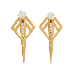 A Pair of 18 Karat Yellow Gold and Diamond Stud Earrings with Detachable Jackets, 9.00 dwts.