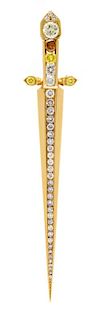 A Yellow Gold, Diamond and Colored Diamond Sword Pendant/Brooch, 12.10 dwts.