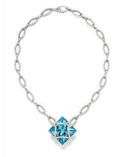 An 18 Karat White Gold, Aquamarine and Diamond Necklace, Samuel Getz, 38.30 dwts.