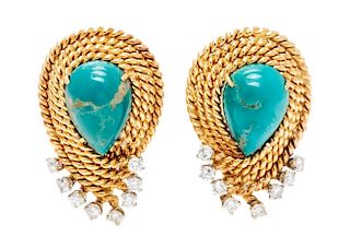 A Pair of 18 Karat Yellow Gold, Turquoise and Diamond Earclips, David Webb, 18.30 dwts.