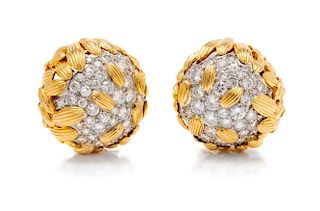 A Pair of 18 Karat Yellow Gold, Platinum, and Diamond Bombe Earclips, 18.70 dwts.