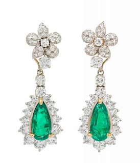 A Pair of Platinum, Yellow Gold, Emerald and Diamond Convertible Earclips, 10.90 dwts.