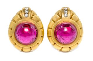A Pair of 18 Karat Yellow Gold, Pink Tourmaline and Diamond Earclips, Elizabeth Rand, 20.40 dwts.