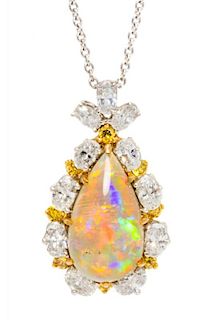 An 18 Karat Yellow Gold, Platinum, Opal, Colored Diamond and Diamond Pendant, Oscar Heyman Brothers, 6.20 dwts.