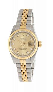 An 18 Karat Yellow Gold, Stainless Steel and Diamond Ref. 69173 Datejust Wristwatch, Rolex, 35.00 dwts.