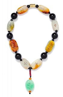 An 18 Karat Yellow Gold, Multicolor Jadeite, Onyx and Spinel Bead Necklace,