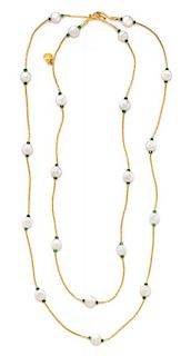 A 24 Karat Yellow Gold, Cultured Coin Pearl and Emerald Bead Station Necklace, Gurhan, 16.20 dwts.