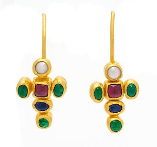 A Pair of 24 Karat Yellow Gold, Emerald, Pearl, Garnet and Sapphire Earrings, Gurhan, 3.10 dwts.
