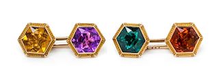 A Pair of Yellow Gold, Tourmaline, Amethyst and Citrine Cufflinks, Netherlands, 5.20 dwts.