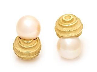 A Pair 18 Karat Yellow Gold and Cultured Pearl Earclips, Christopher Walling, 11.80 dwts.