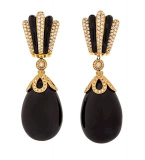 A Pair of 18 Karat Yellow Gold, Diamond and Onyx Earrings, 41.70 dwts.