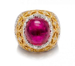 An 18 Karat Bicolor Gold, Diamond and Rubellite Ring, 16.40 dwts.