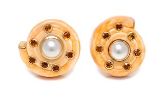 A Pair of 18 Karat Yellow Gold, Shell, Citrine and Cultured Pearl Earclips, Trianon, 13.70 dwts.